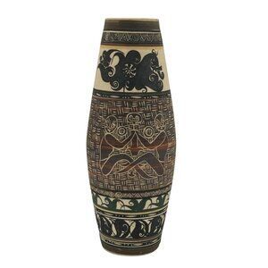 Vtg Earthenware Pottery Tribal Vase Handmade Painted Etched Brown Malaysia 15.5"